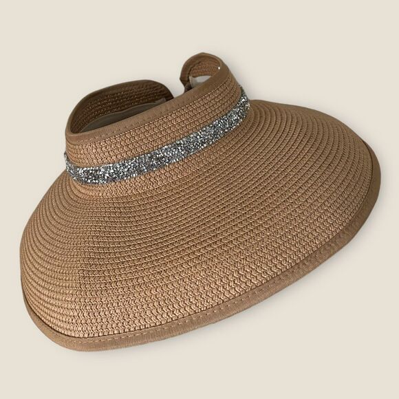 Woven Hat Tan Paper Straw Sun Visor Silver Band Accent Elastic Back One Size - Picture 1 of 9